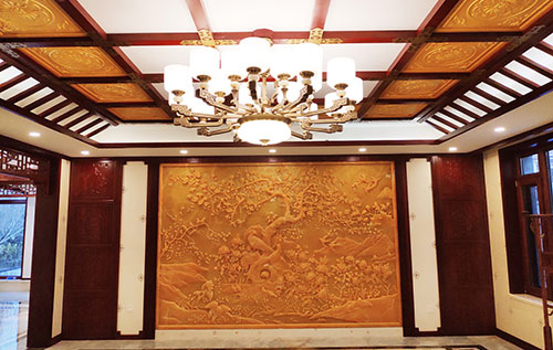 七星关中式别墅客厅中式木作横梁吊顶装饰展示